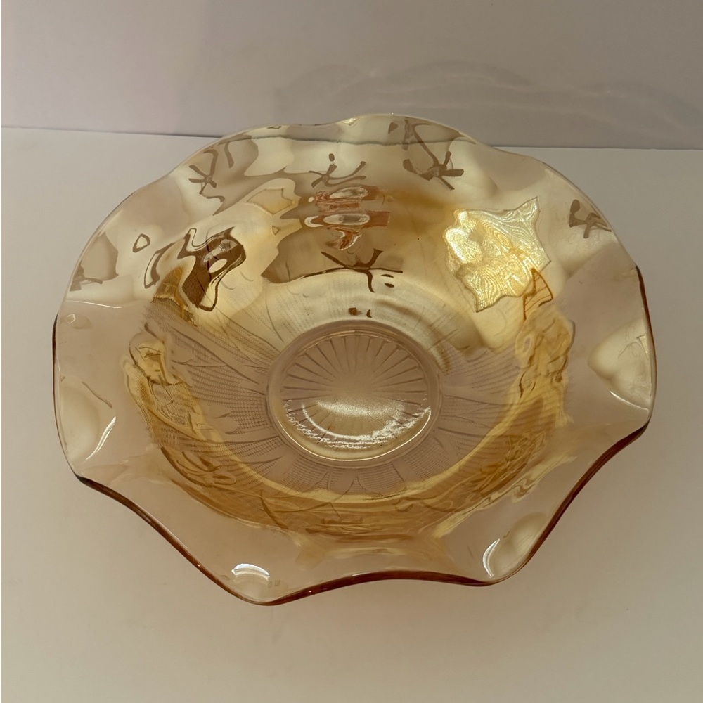 Vintage Jeanette Glass Iris Iridescent Floral Embossed Carnival Glass Bowl
